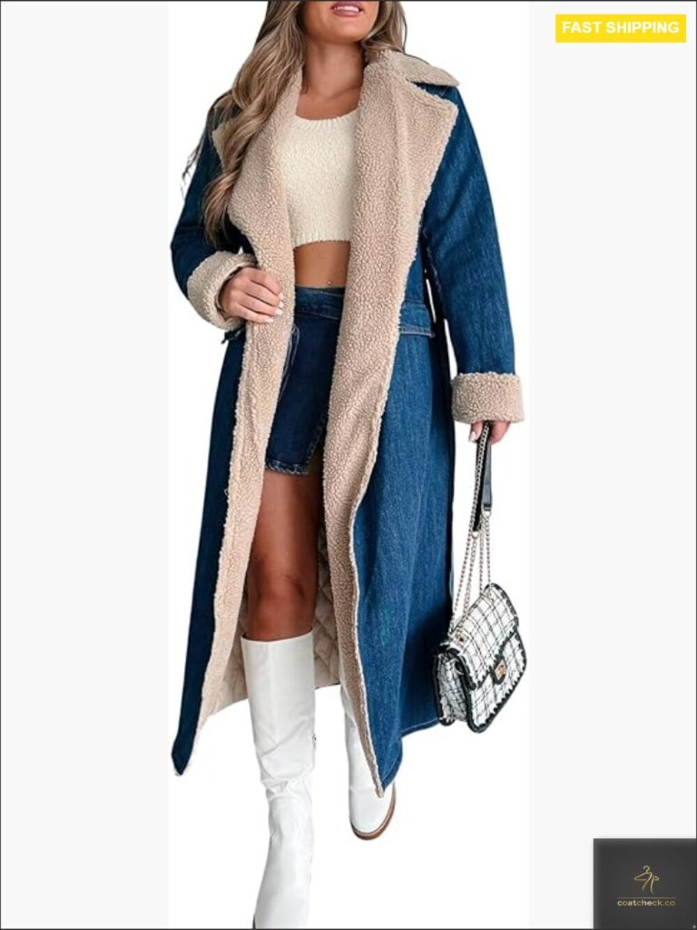 Sherpa Lined Denim Trench Coat Oversized Loose Fit Winter Windproof Belted